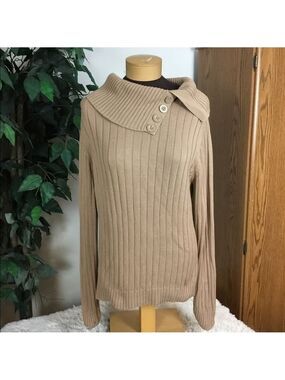 Studio Works Large split neck tan heavier weight sweater